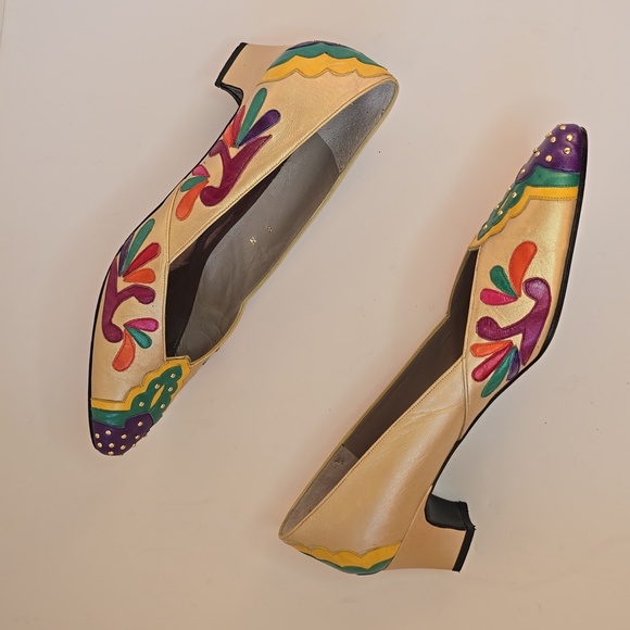 Vintage 1980's Margaret Jerrold Leather Pumps Gold-Multi Artsy Deco - Picture 5 of 10